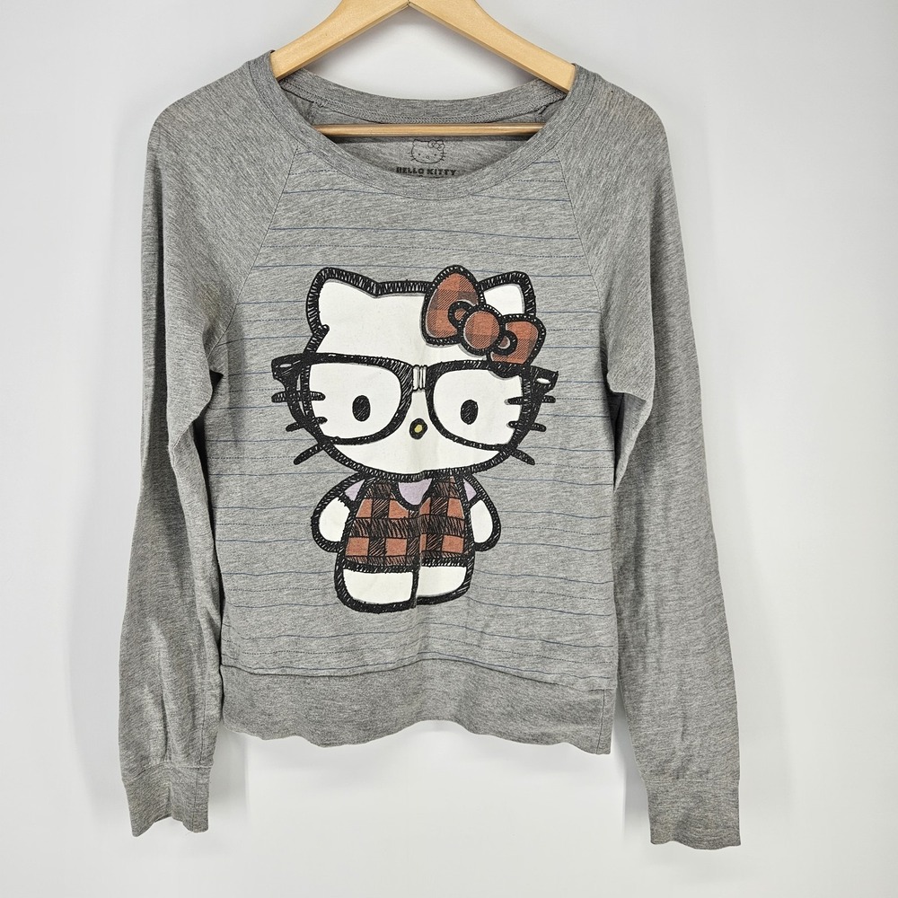 Hello Kitty Sweatshirt Women Medium Gray I Heart Nerds Graphic Sanrio Pullover